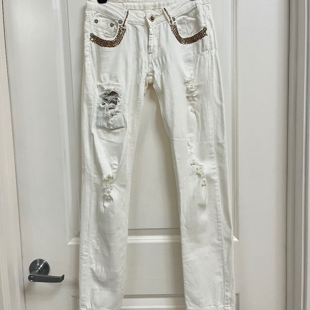 White Rhinestone Embellished Distressed Jeans – Size S